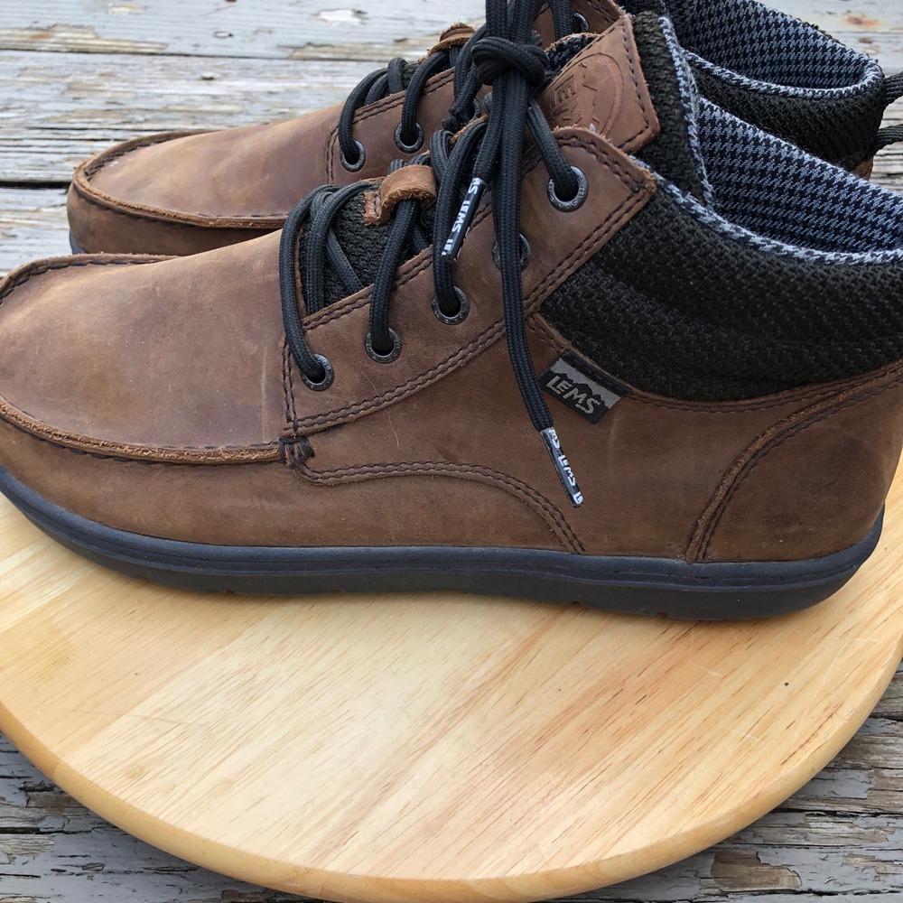 Lems Boulder Boot Mid Mens 11 US Brown Leather Hiking Barefoot Zero Drop Chukka